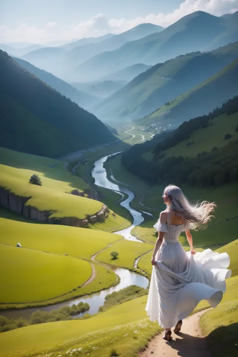 A woman in a flowing white dress stands on top of a hill, Her voice echoed throughout the valley.