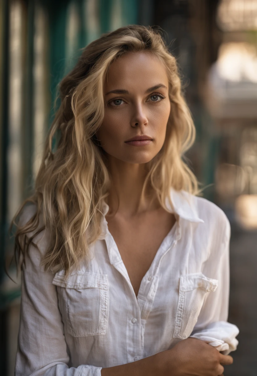 Blonde woman with blue eyes and braided hair in white shirt, Soft portrait shot 8K, Soft light medium portrait, Soft low light portrait, soft light portrait, Photo of a beautiful woman, Young and beautiful woman, Portrait of a beautiful model, 7 0mm Portrait, cinematic portrayal, 60mm portrait, cinematic portrayal, 50mm portrait, beautiful portrait lighting