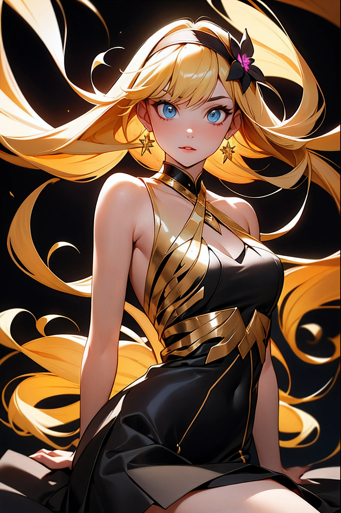 yor, 1girl, solo, dress, long hair, breasts, looking at viewer, bangs, hair ornament, arms behind back, cowboy shot, black dress, bare shoulders, jewelry, closed mouth, flower, sidelocks, hairband, earrings, sleeveless, black thighhighs, hair flower, black dress, zettai ryouiki floating hair, parted lips, gold hairband, (spread legs), sitting, black background, blood background