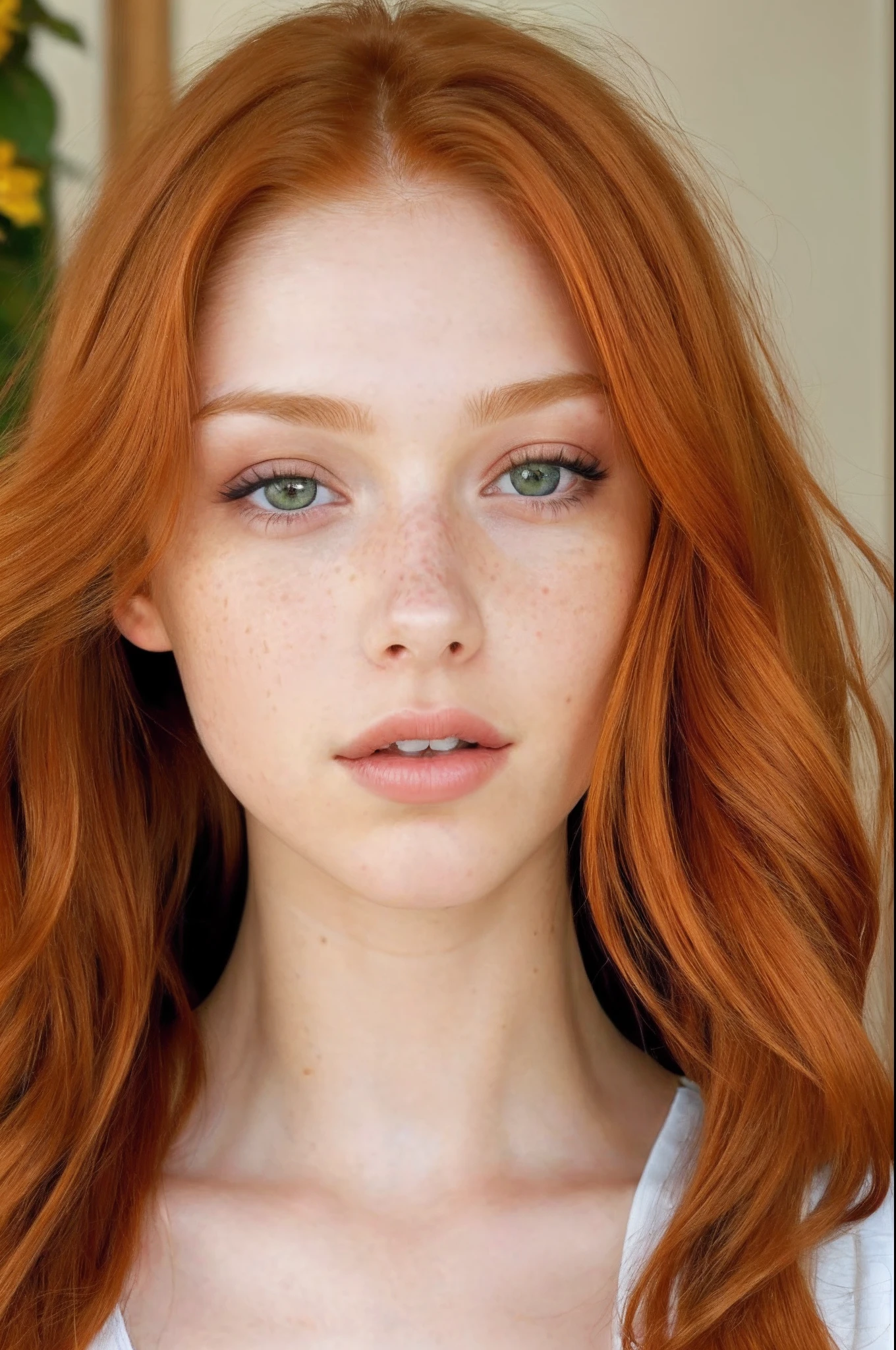 (close-up editorial photo of 20 yo woman, ginger  hair, slim American sweetheart), (freckles:0.8), (lips parted), realistic green eyes, POV, realistic[:, (film grain, 25mm, f/1.2, dof, bokeh, beautiful symmetrical face, perfect sparkling eyes, well defined pupils, high contrast eyes, ultra detailed skin, skin pores, vellus hair, fabric stitching, fabric texture, wood grain, stone texture, finely detailed features:1):0.9]