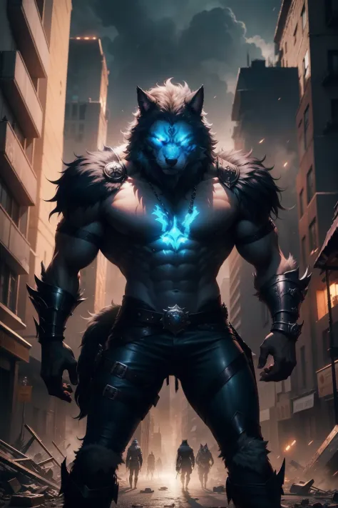 The werewolf is in the middle of a destroyed city. The city is a mix of old and modern buildings, todos com um toque steampunk. The werewolf is looking at the viewer, with a fierce, angry expression on his face. He is wearing a full-body armor that is made...