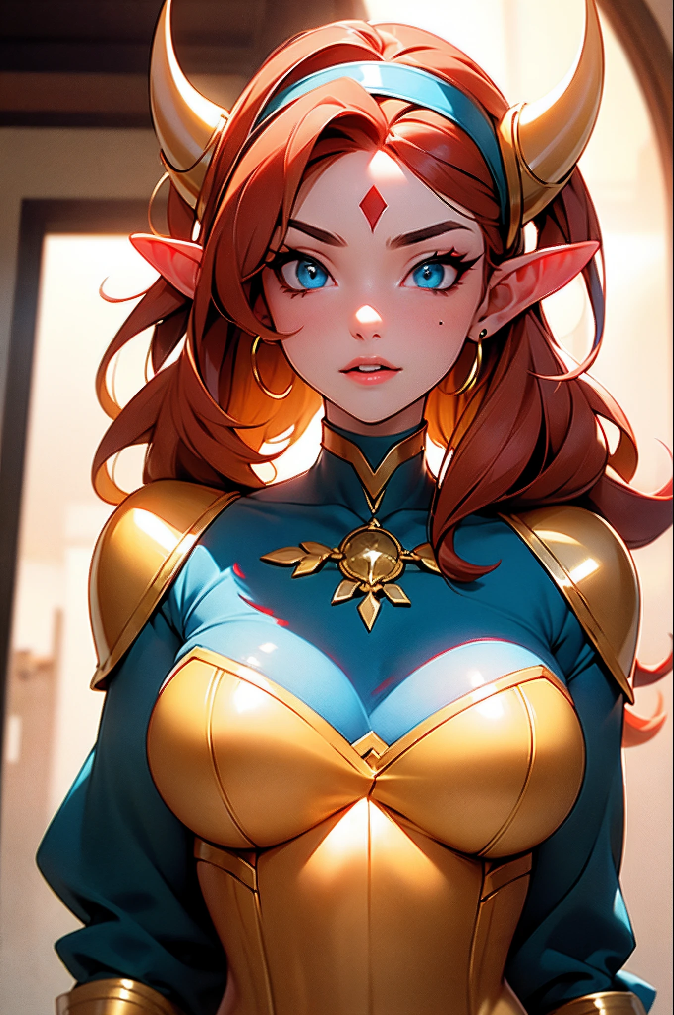 ((Masterpiece)), ((golden ratio)), ((dynamic)), ((natural)) ((best quality)), ((ultra-detailed)), ((disheveled hair)), {1woman mature}, {red hair}, {demon horns on head:1.2}, {elf ears:1.2}, blue eyes, {{Hairband}}, big breasts , (sexy outfit: transparent white color), {pubic_tattoo, glowing tattoo}, {{perfect anatomy}}, {{scenery: girl's room}}, {background with blur}, dumb, looking away, Bottom-up view, perfect:1.2