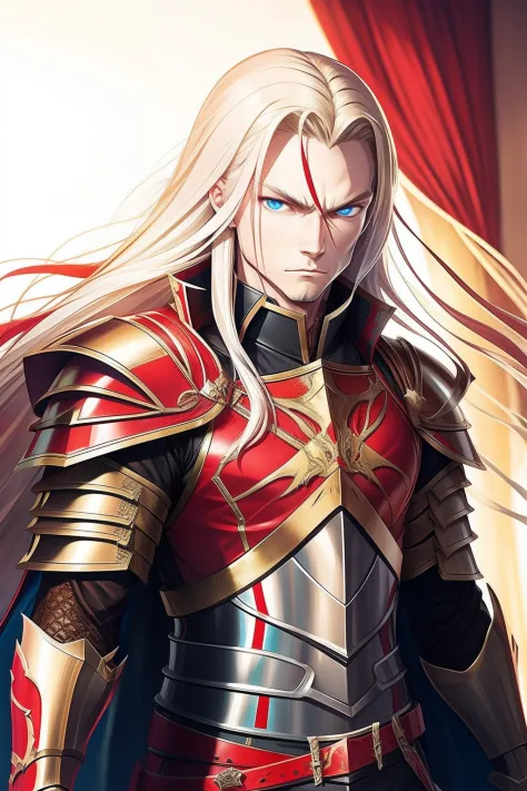 a long-haired male albinism rider, wearing heavy armor，wears a red hood，holding a longsword