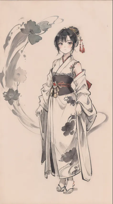 ((4k,masterpiece,best quality)), shuimobysim, traditional chinese ink painting, lotus, hanfu, maxiskit, dress in a short Japanese style robe, 1girl, solo, short tied up black hair, standing, barefoot, peaceful