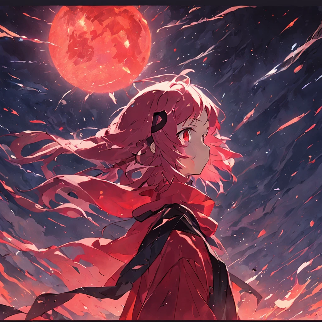 Anime girl with long hair and red cape looking at the moon - SeaArt AI