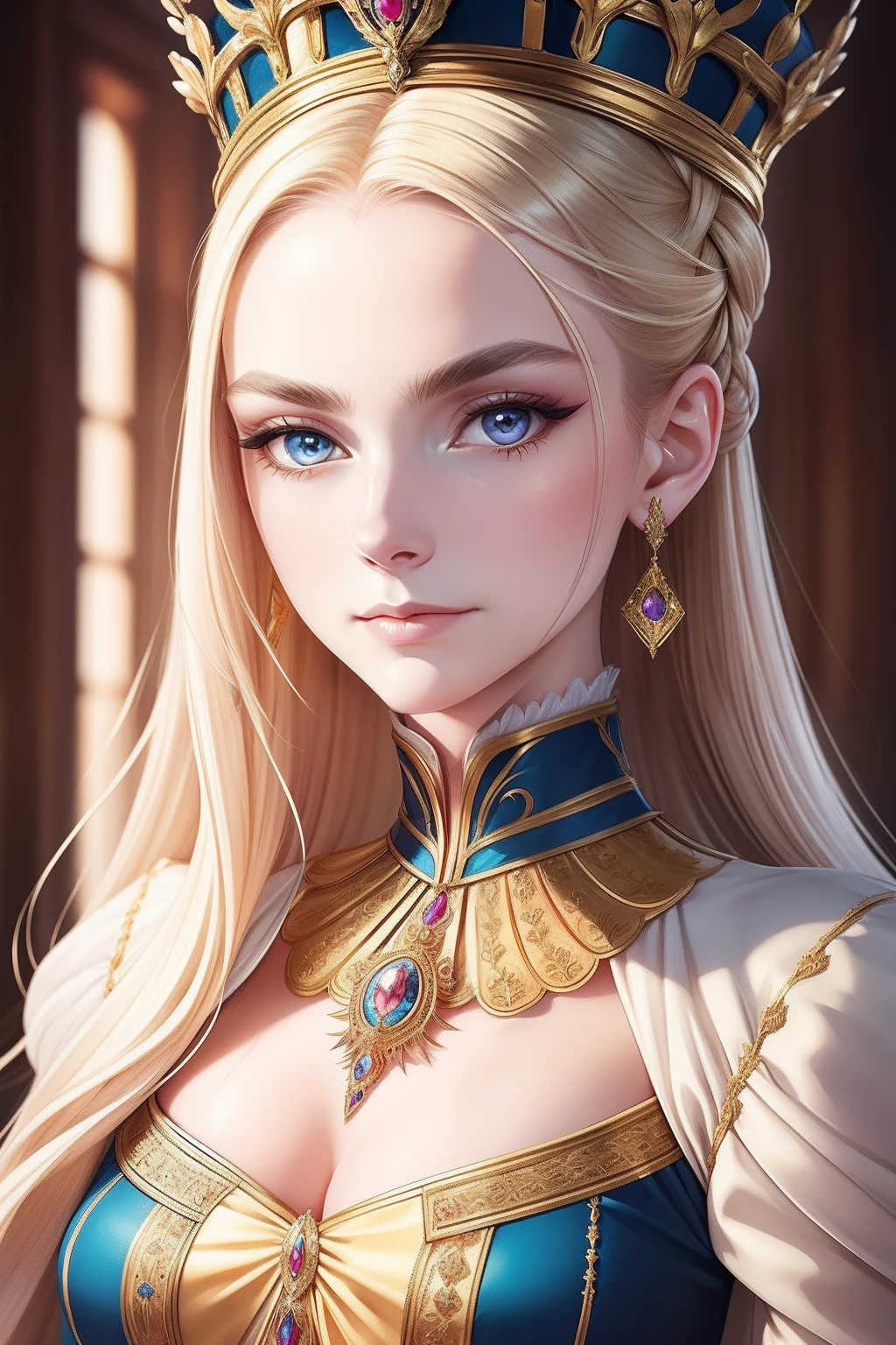 Mid-shot beauty, French, 2, (Pale:1.3) skin, Empress, Blonde straight hair in bun hairstyle, Large eyelashes, Self-confident, Serious, haughty, no-makeup, Beautiful body, Intricate Victorian costumes, In the palace, victorian age