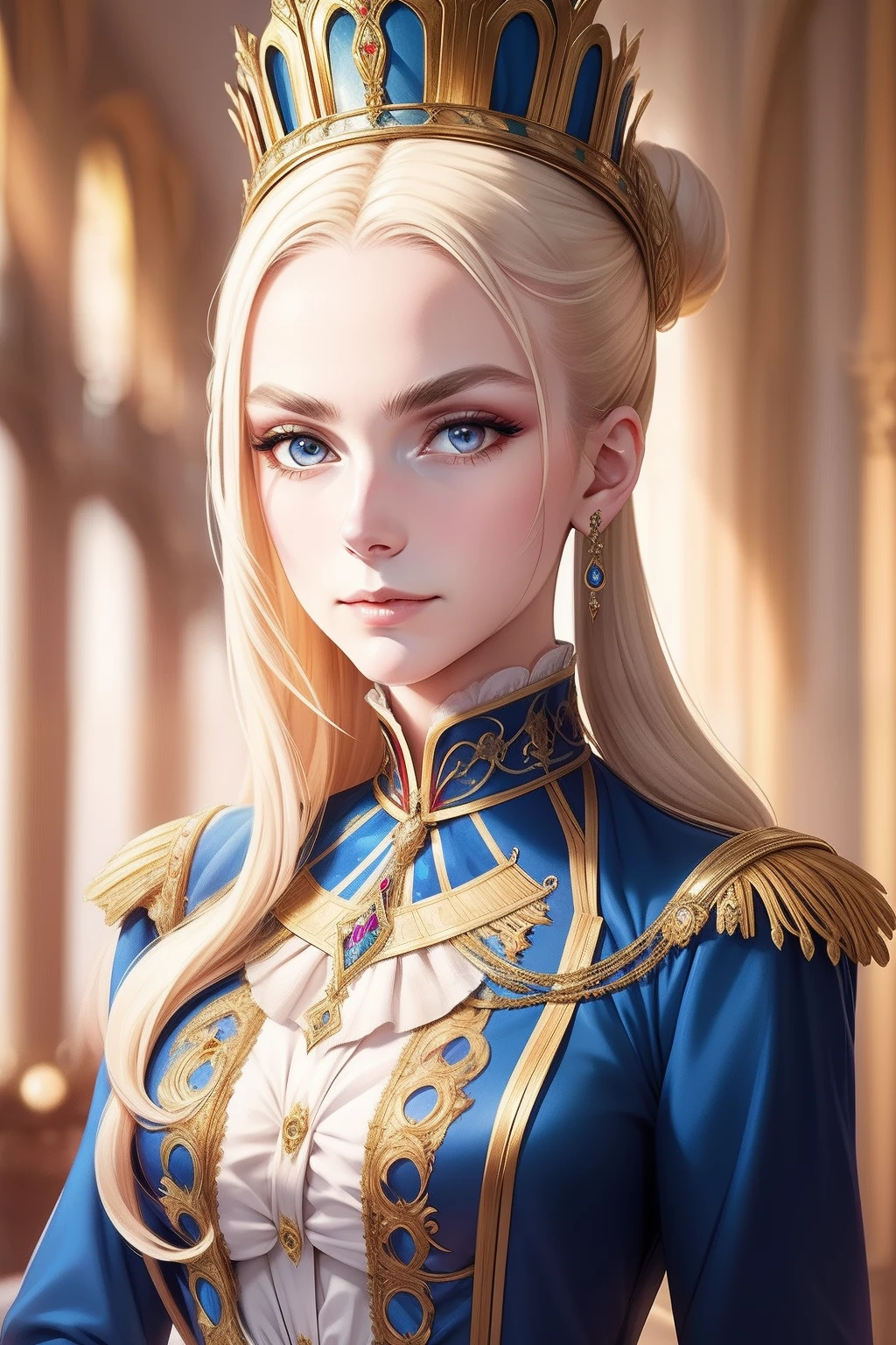 Mid-shot beauty, French, 24 years old, (Pale:1.3) skin, Empress, Blonde straight hair in bun hairstyle, Large eyelashes, Self-confident, Serious, haughty, no-makeup, Beautiful body, Intricate Victorian costumes, In the palace, victorian age