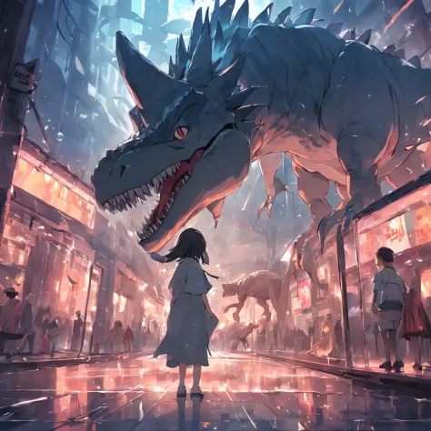 Dinosaurs carry wolves，the city street，nigth，Standing in front of the glass，window，Reflective，mirrors