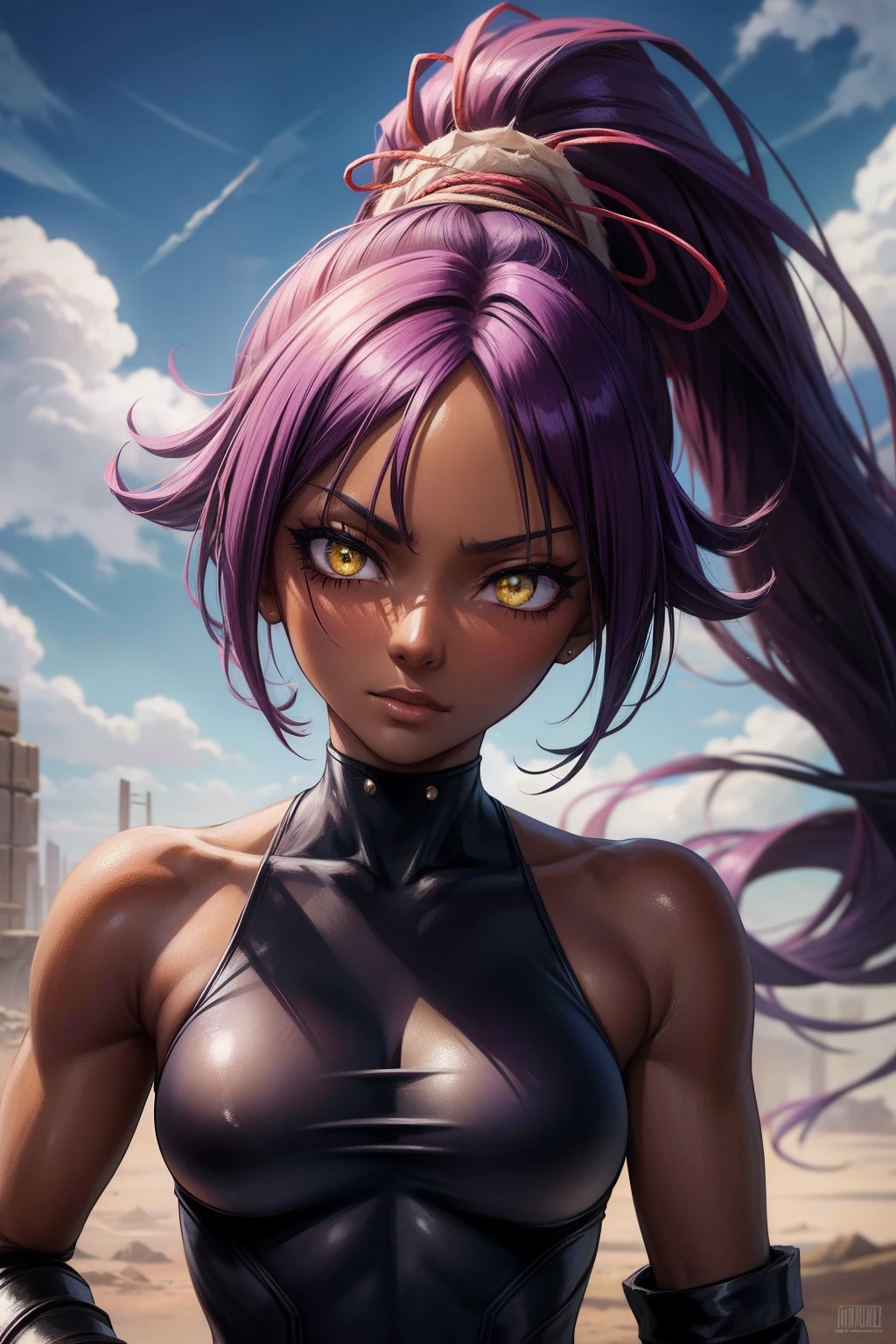 best quality, expressive eyes, perfect face, close up on face, yoruichi shihouin, dark skin, dark-skinned female, bare shoulders, ((black leotard)), yellow eyes, purple hair, long hair, ponytail, post-apocalyptic landscape, blue sky