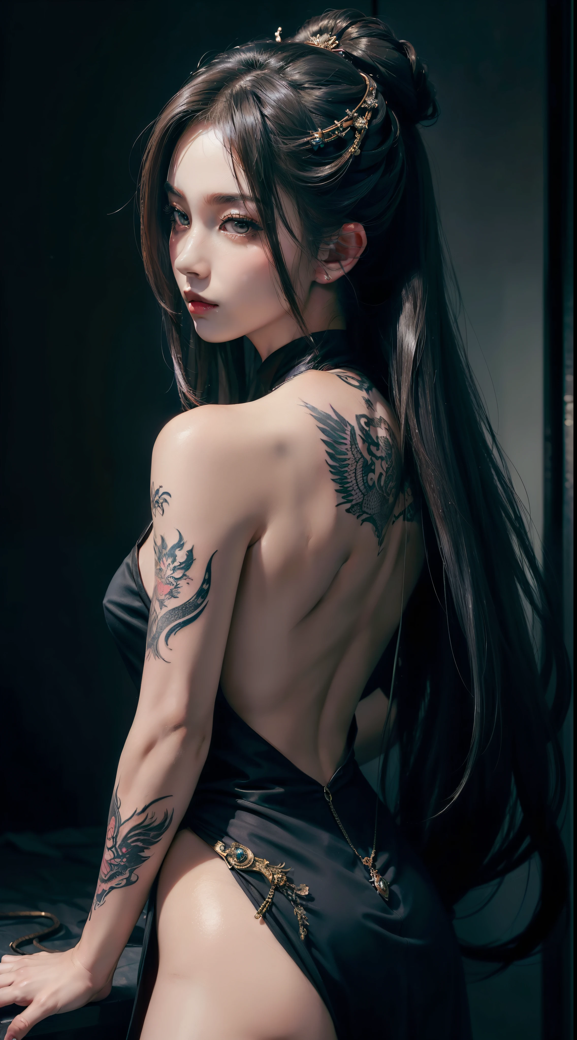 ((obra de arte, Estilo Wlope, obra de arte, Retrato, meio corpo)) Linda e elegante garota yakuza olhando DRAMÁTICA para o lado direito, sem vestido superior, Tatuagem de dragão grande nas costas, Fundo detalhado da máscara, iluminação ambiente escura, Tiro tirado pelas costas, fantasia, tatuagem detalhada, NSFW