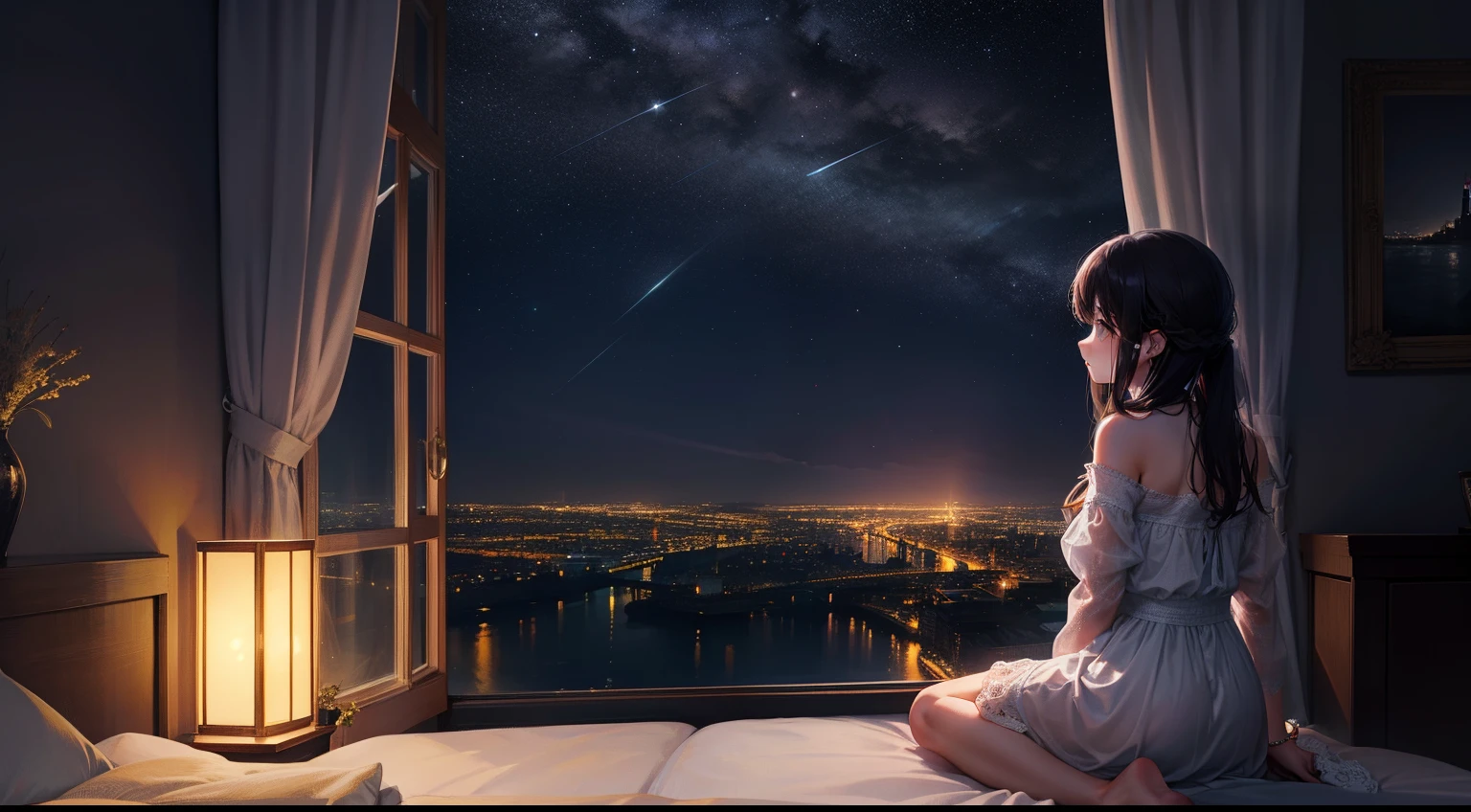 Girl sitting alone by the window，Night view of the city outside the ...