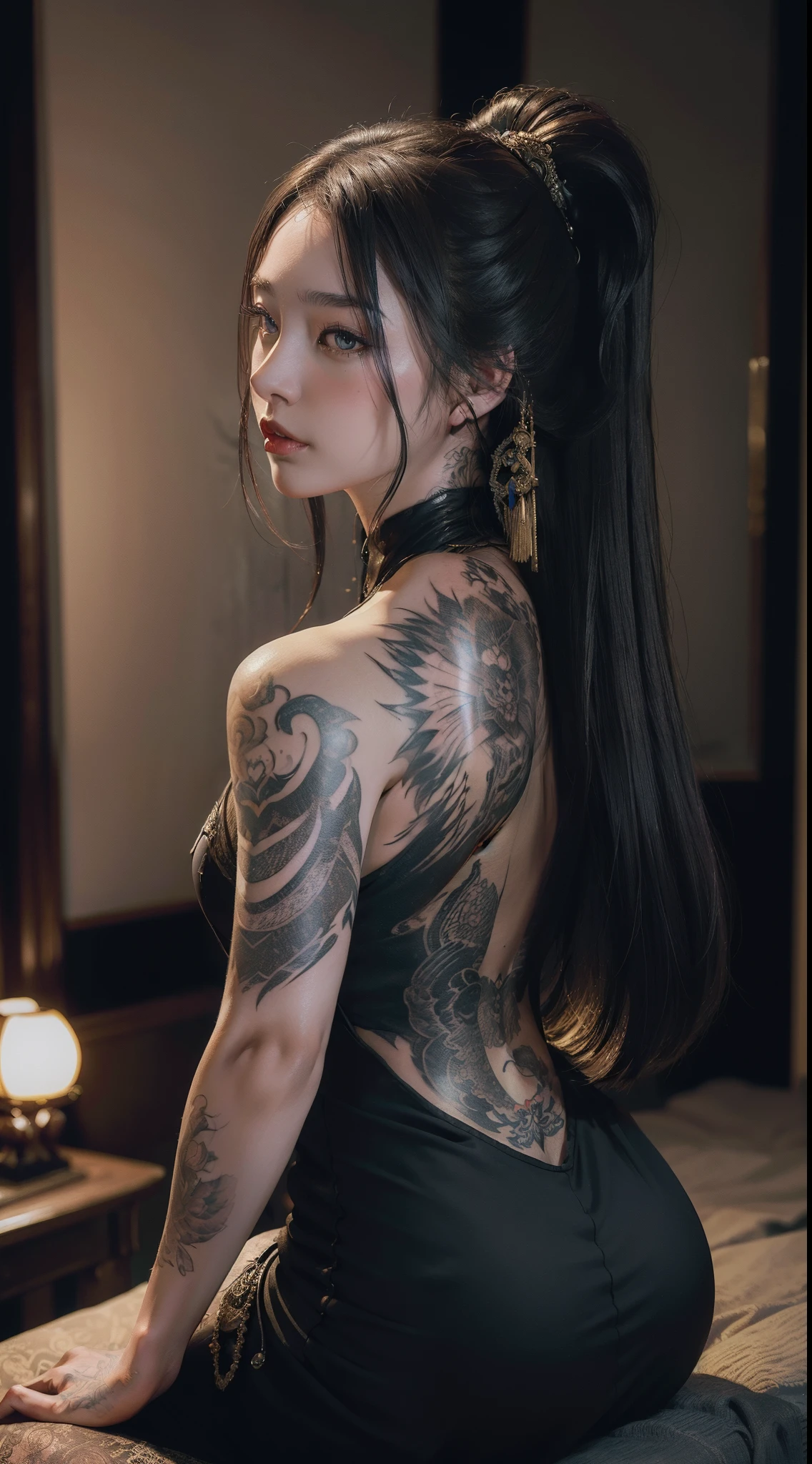 ((Masterpiece, Wlope style, Artwork, Portrait, Half body)) Beautiful and elegant yakuza girl DRAMATICALLY looking at her right side, no top dress, Big Dragon Tattoo at back, Detailed mask Background, Dark Ambient Lighting, Shot taken from back, Fantasy, Detailed tattoo, NSFW