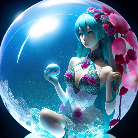 （A glass-complete sphere filled with water：1.3），Big breasts Hatsune Miku， blue  hair+Small pink flowers:1.3+Big red eyes，student clothes