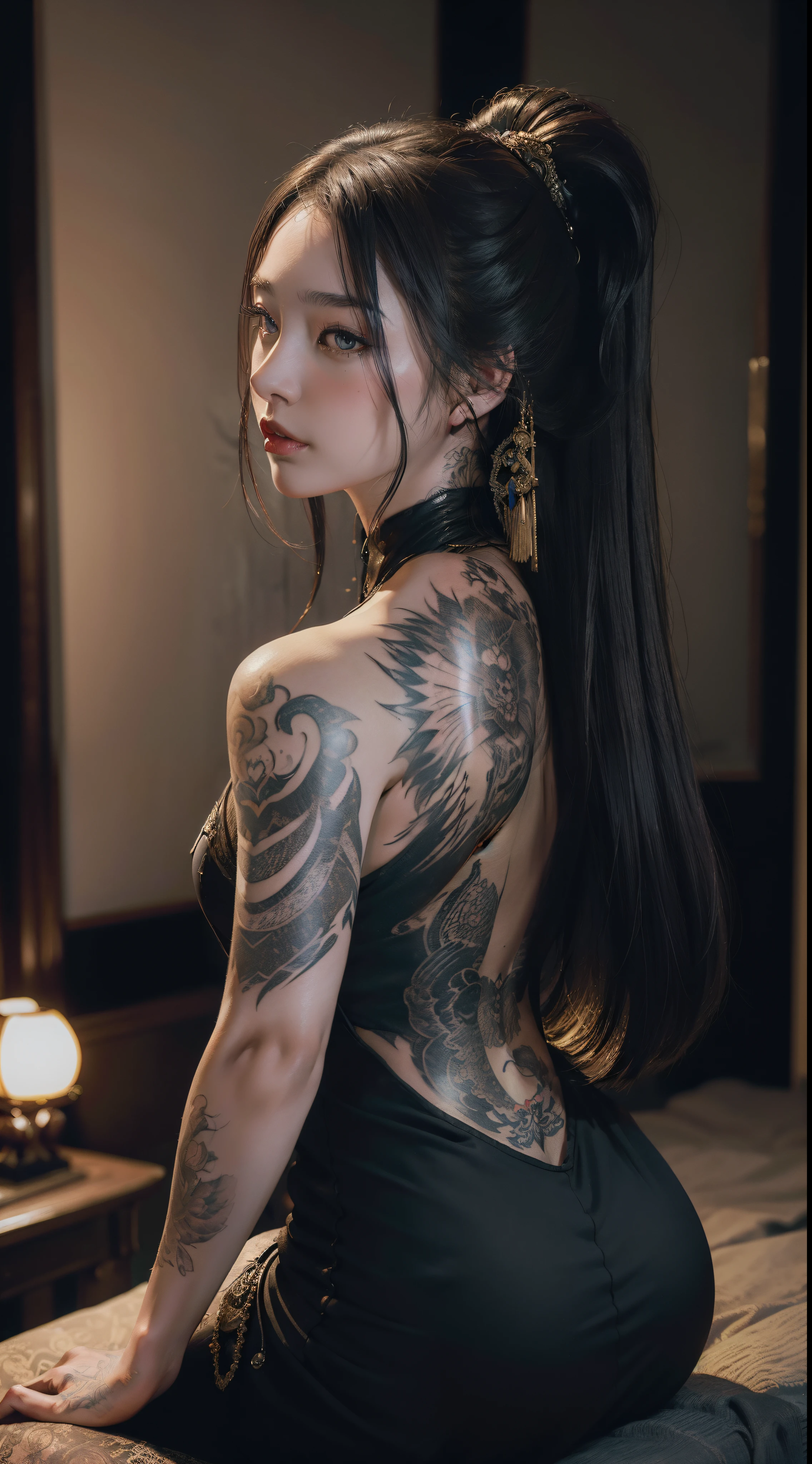 ((obra maestra, Estilo Wlope, obra de arte, Retrato, medio cuerpo)) Hermosa y elegante chica yakuza mirando DRAMÁTICAMENTE su lado derecho, sin vestido superior, Big Dragon Tattoo en la parte posterior, Fondo detallado de la máscara, iluminación ambiental oscura, Disparo tomado desde atrás, fantasía, tatuaje detallado, NSFW