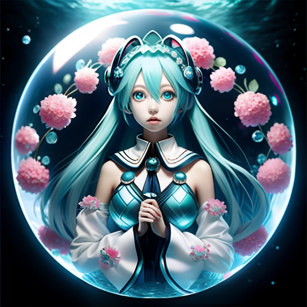 （Esfera completa de vidrio llena de agua.：1.3），Pechos grandes Hatsune Miku， pelo azul+Pequeñas flores rosadas:1.3+grandes ojos rojos，un traje de marinero