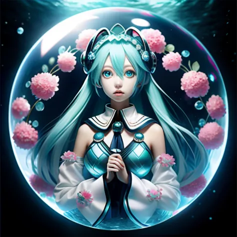（Glass complete sphere filled with water：1.3），Big breasts Hatsune Miku， blue  hair+Small pink flowers:1.3+Big red eyes，a sailor suit