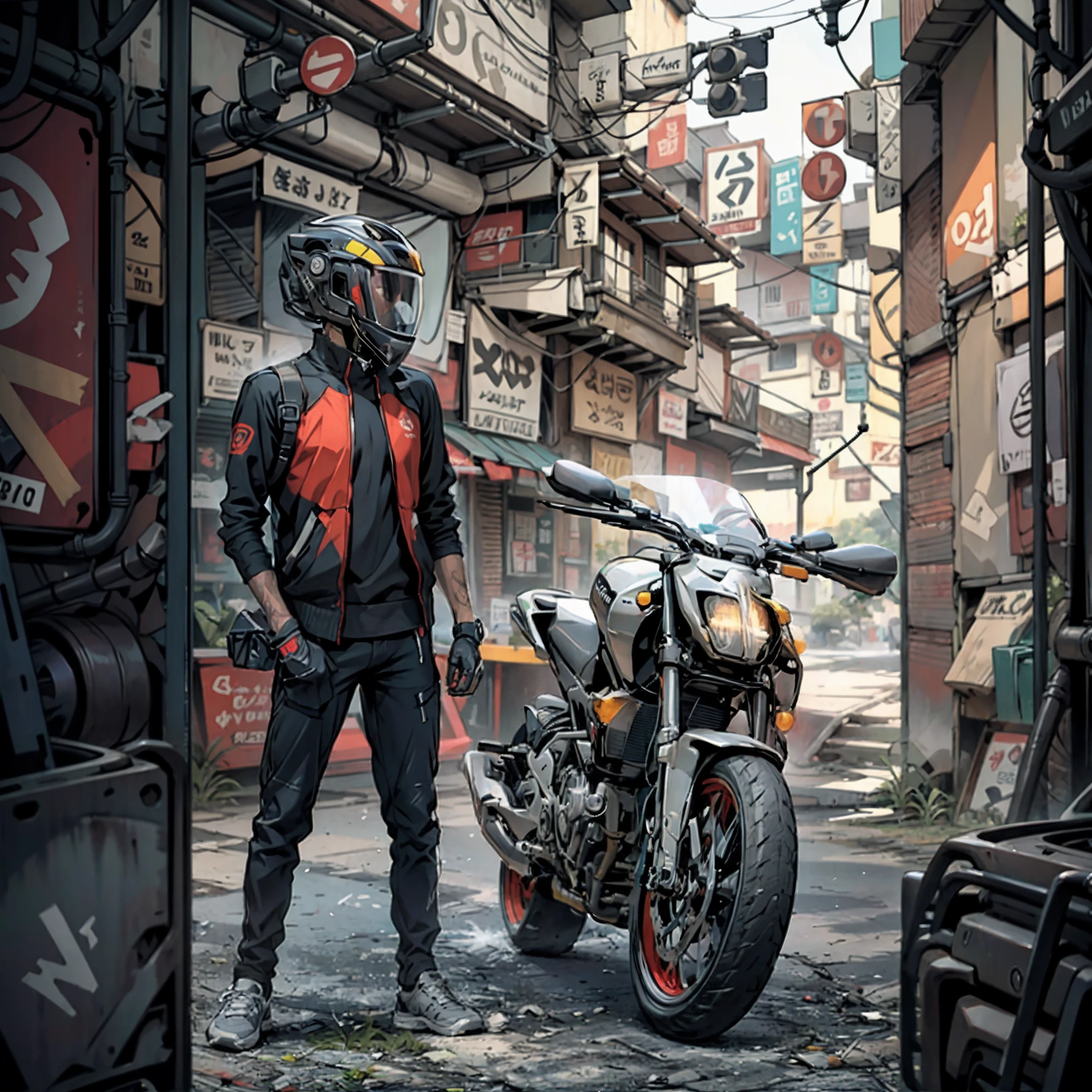 Cyber punk world, stylish clothes, don't change face, natural skin don't change bike,