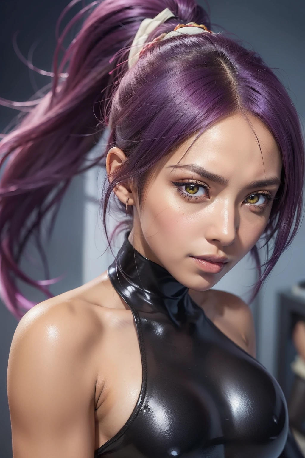 best quality, expressive eyes, perfect face, close up on face, yoruichi shihouin, dark skin, dark-skinned female, bare shoulders, ((black leotard)), black clothe, yellow eyes, purple hair, long hair, ponytail, post-apocalyptic, blue sky