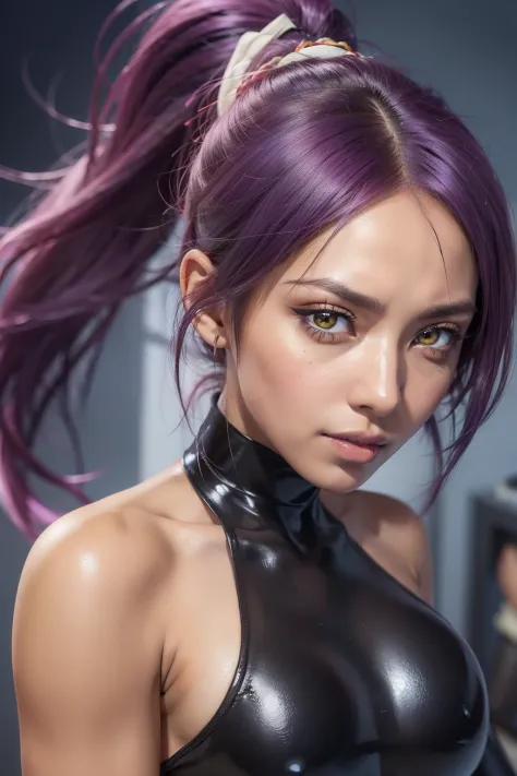 best quality, expressive eyes, perfect face, close up on face, yoruichi shihouin, dark skin, dark-skinned female, bare shoulders...