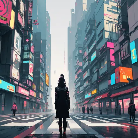 Urban, street buildings, zebra crossing, back view of a girl, landscape view. Cyberpunk art style