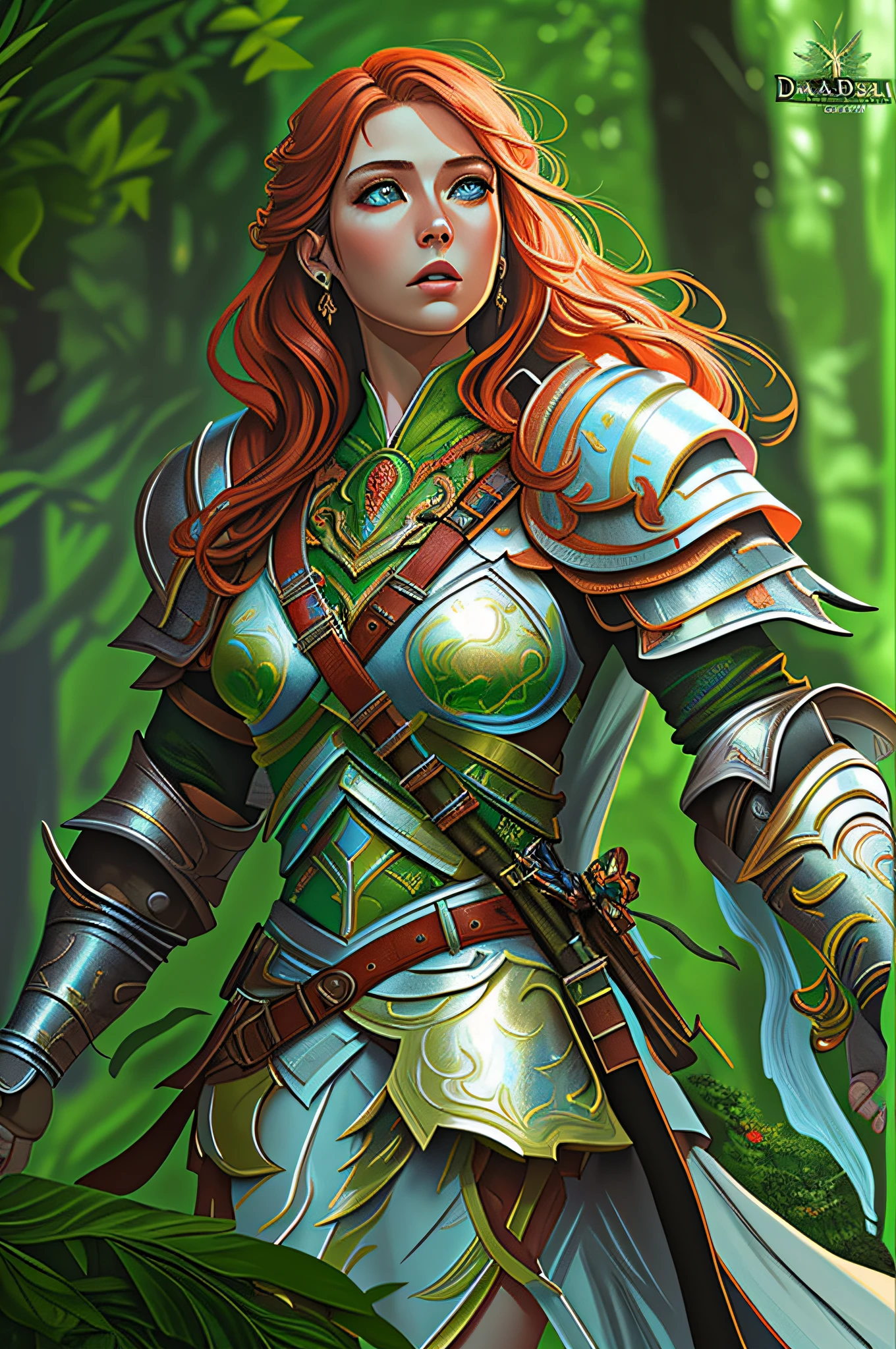 a picture of woman paladin of nature protecting the forest, a woman holy knight, protector of nature, red hair, long hair, full body (best details, Masterpiece, best quality :1.5), ultra detailed face (best details, Masterpiece, best quality :1.5), ultra feminine (best details, Masterpiece, best quality :1.5), red hair, long hair, braided hair, pale skin, blue eyes, intense eyes, wearying heavy armor, white armor (best details, Masterpiece, best quality :1.5), green cloak, armed with a sword, glowing sword, fantasy forest background, D&D art, RPG art, magical atmosphere magic-fantasy-forest, ultra best realistic, best details, best quality, 16k, [ultra detailed], masterpiece, best quality, (extremely detailed), ultra wide shot, photorealism, depth of field, hyper realistic painting