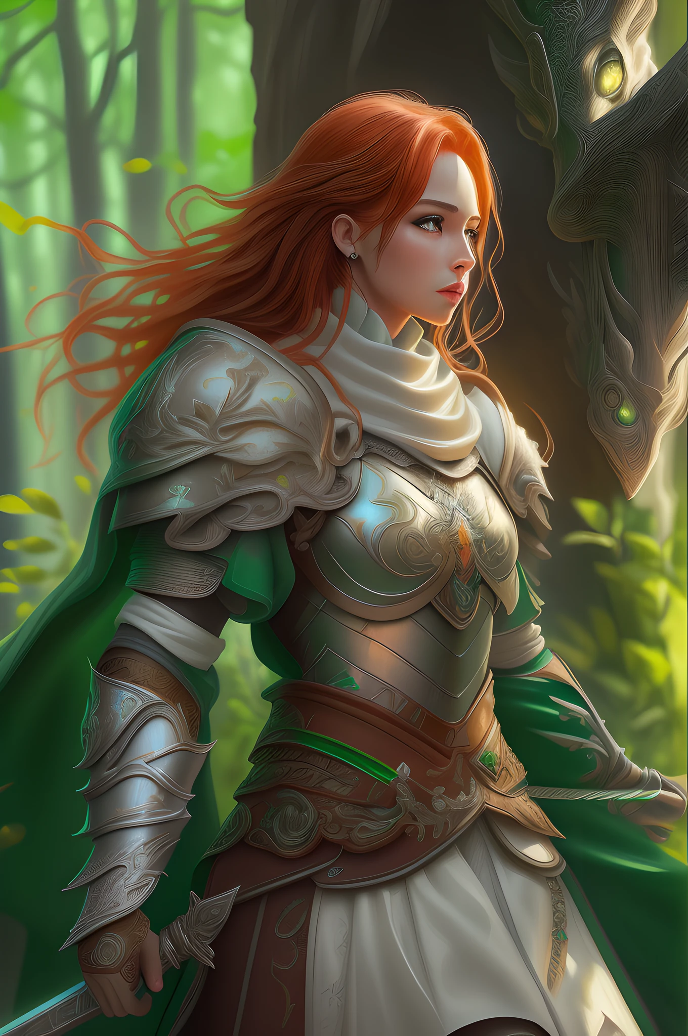 a picture of woman paladin of nature protecting the forest, a woman knight, red hair, long hair, full body (best details, Masterpiece, best quality :1.5), ultra detailed face (best details, Masterpiece, best quality :1.5), ultra feminine (best details, Masterpiece, best quality :1.5), red hair, long hair, braided hair, pale skin, blue eyes, intense eyes, wearying heavy armor, white armor (best details, Masterpiece, best quality :1.5), green cloak, armed with a sword, glowing sword, fantasy forest background, D&D art, RPG art, magical atmosphere magic-fantasy-forest, ultra best realistic, best details, best quality, 16k, [ultra detailed], masterpiece, best quality, (extremely detailed), ultra wide shot, photorealism, depth of field, hyper realistic painting