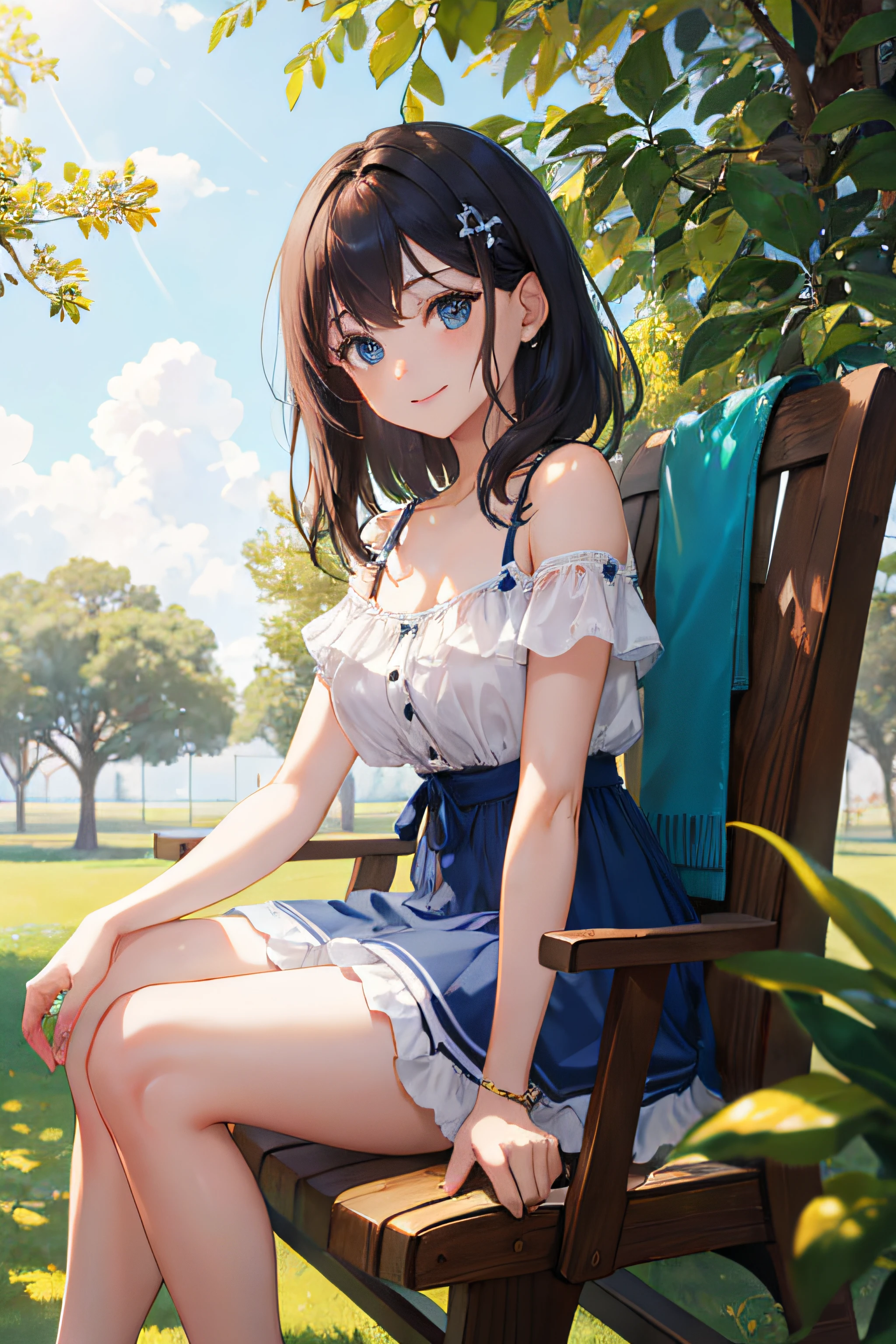 Girl sit in the chair, parque, tree, luz del sol, De color, Morning, cabello negro, Cabello largo, ojos de luz azul, They are smiling, Vestido modelo moderno, Photography from the front, High resolution, Calidad Ultra