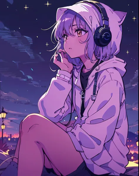 A detailed anime for girls, Wearing a white coat, Wear headband headphones, lofi, tranquil, Quiet atmosphere, Chilling, Looking ...
