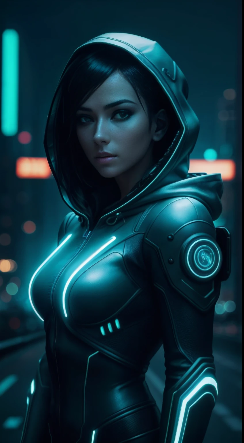 cyberpunk portrait photography, beautiful young woman looking off camera in glowing futuristic hood jacket, super realistic face, proper eye position, natural skin, soft light, rim light, hips, in road side, detailed background, intricate, full body shot, highly detail, octane render, HD, 8k, by Annie Leibovitz,120mm