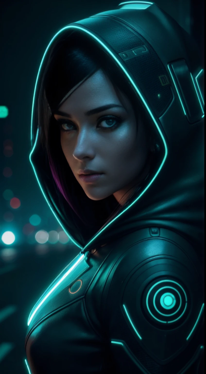 cyberpunk portrait photography, beautiful young woman looking off camera in glowing futuristic hood jacket, super realistic face, proper eye position, natural skin, soft light, rim light, hips, in road side, detailed background, intricate, full body shot, highly detail, octane render, HD, 8k, by Annie Leibovitz,120mm