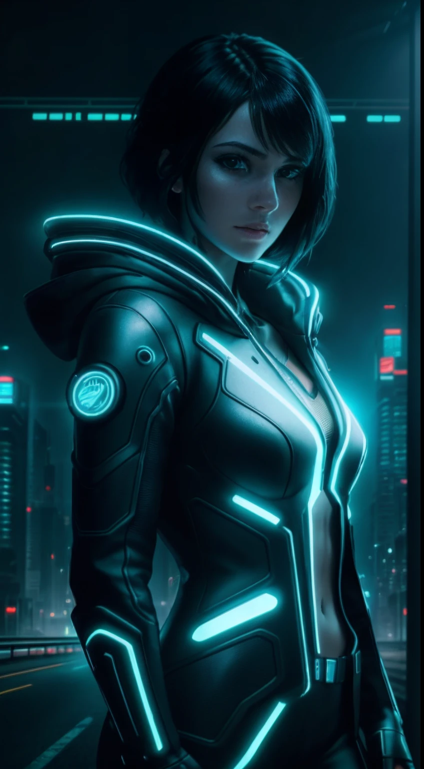 cyberpunk portrait photography, beautiful young woman looking off camera in glowing futuristic hood jacket, super realistic face, proper eye position, natural skin, soft light, rim light, hips, in road side, detailed background, intricate, full body shot, highly detail, octane render, HD, 8k, by Annie Leibovitz,120mm