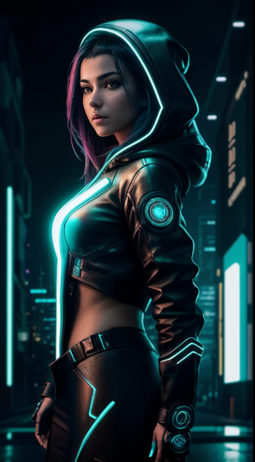 cyberpunk portrait photography, beautiful young woman looking off camera in glowing futuristic hood jacket, super realistic face, proper eye position, natural skin, soft light, rim light, hips, in road side, detailed background, intricate, full body shot, highly detail, octane render, HD, 8k, by Annie Leibovitz,120mm