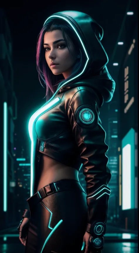 cyberpunk portrait photography, beautiful young woman looking off camera in glowing futuristic hood jacket, super realistic face...