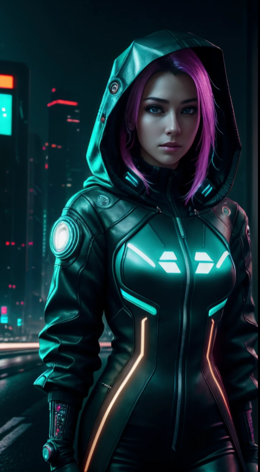 cyberpunk portrait photography, beautiful young woman looking off camera in glowing futuristic hood jacket, super realistic face, proper eye position, natural skin, soft light, rim light, hips, in road side, detailed background, intricate, full body shot, highly detail, octane render, HD, 8k, by Annie Leibovitz,120mm