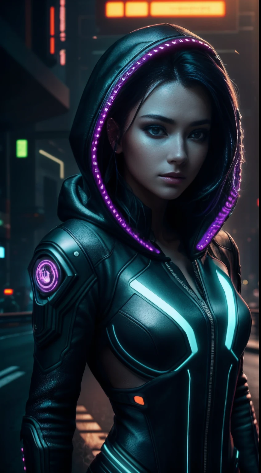 cyberpunk portrait photography, beautiful young woman looking off camera in glowing futuristic hood jacket, super realistic face, proper eye position, natural skin, soft light, rim light, hips, in road side, detailed background, intricate, full body shot, highly detail, octane render, HD, 8k, by Annie Leibovitz,120mm