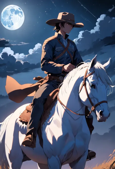 There is a man on a horse in front of a full moon, Andar a cavalo na lua, Vaqueiro, Cowboy na Faixa, Foto traseira de um cowboy, No Velho Oeste, O Cowboy no Estranho Oeste, Velho Oeste, Lone guard, sonho de Vaqueiro, quadrinhos ocidentais inspirados, lonel...