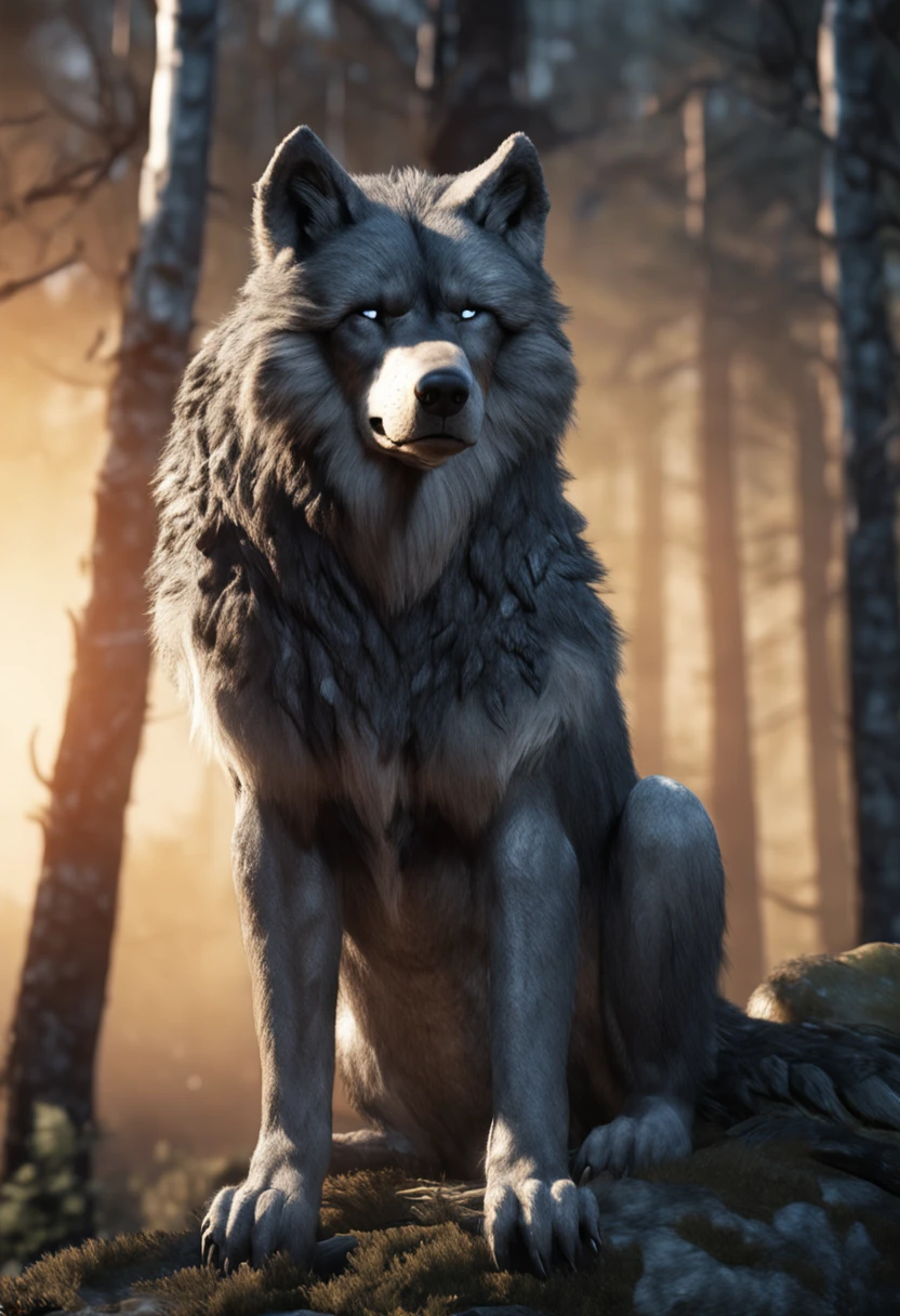 A close up of a wolf sitting on a rock in the woods - SeaArt AI