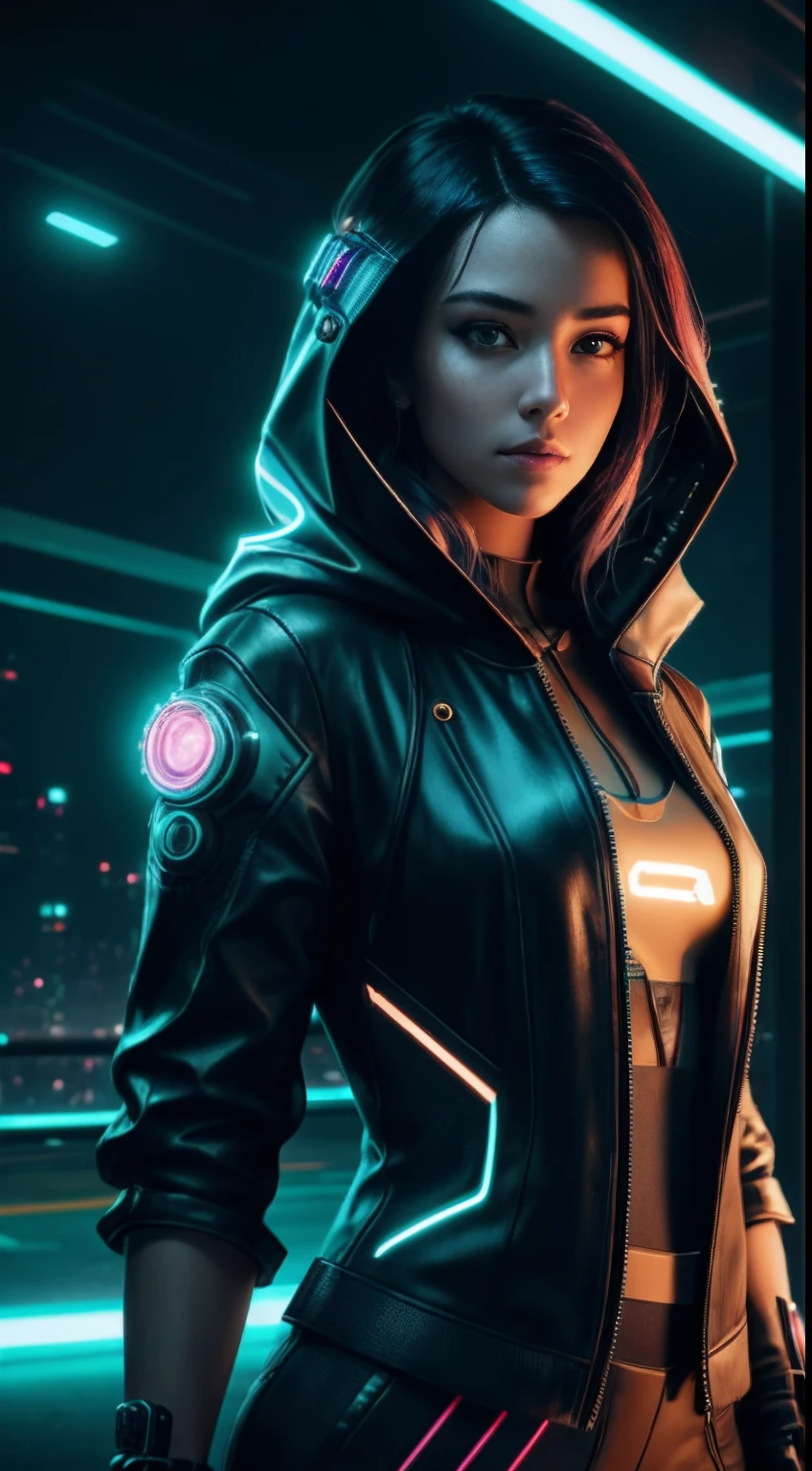 cyberpunk portrait photography, beautiful young woman looking off camera in glowing futuristic hood jacket, super realistic face, proper eye position, natural skin, soft light, rim light, hips, in road side, detailed background, intricate, full body shot, highly detail, octane render, HD, 8k, by Annie Leibovitz,120mm