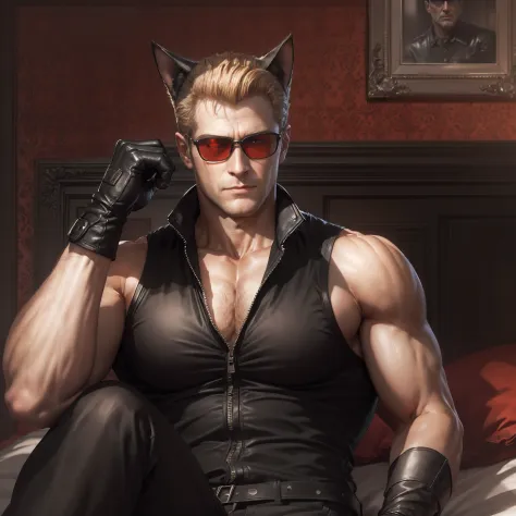 albert wesker, in a bright bedroom, shirtless:1.2, shorts, black cat ears, red cat eyes, black cat tail,  high resolution, middl...