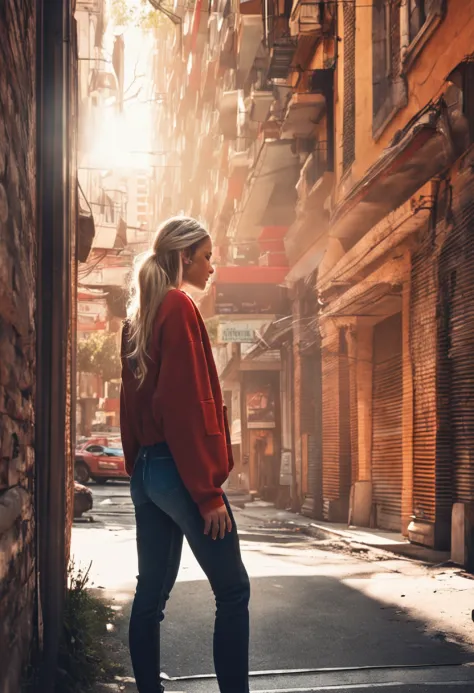 30 year old beautiful woman, wearing a fitting jeans, boots, a red top, small boobs, blonde hair, streaked hair, braided ponytail, braided bangs, upturned eyes, makeup, shy, embarrassed, ray tracing, god rays, cinematic lighting, depth of field, drop shado...