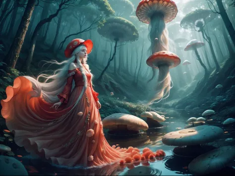 red jellyfish,jellyfishforest, 1girl, long hair, dress, solo, white hair,red hat,mushroom, nature, outdoors, tree, walking, fore...