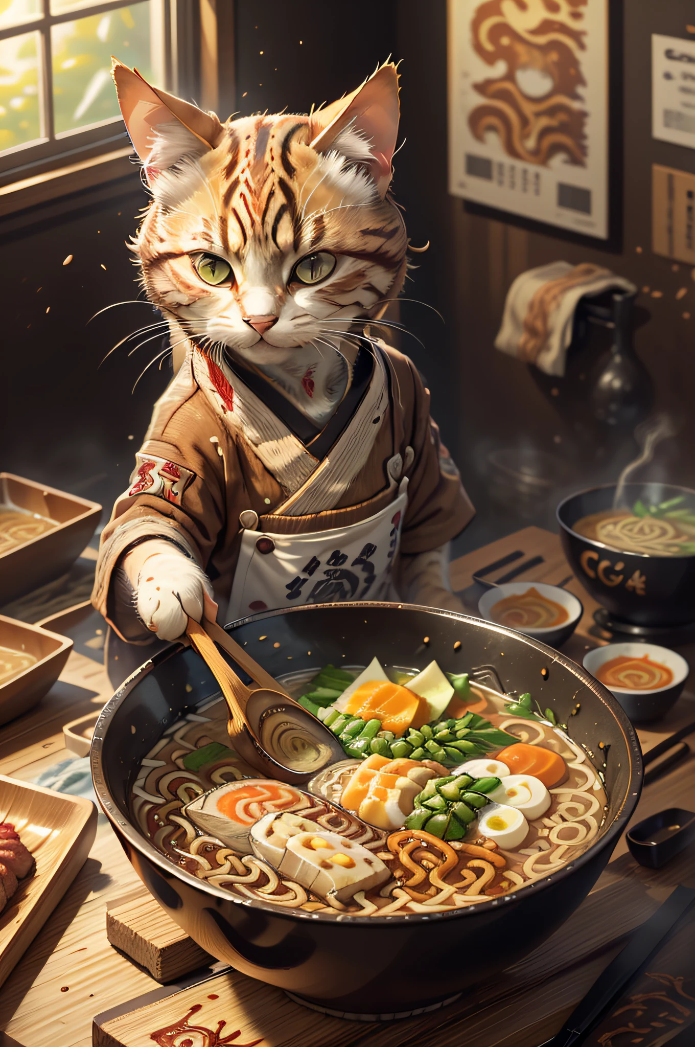 (Le chat tigré brun prépare des ramen sur la table:1.2)、(c4ttitude:1.3)、Photo en gros plan dans la cuisine Glasstech、Détails complexes hyperréalistes、(brumeux:1.1)、point de vue d&#39;en haut