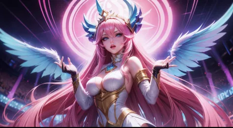 Seraphine from League of Legends, long pink hair, white skinned, tall, blue eyed, fit, queen, vocalist, popstar singing in concert, riot games splash art, detailed fingers, detailed eyes, detailed background