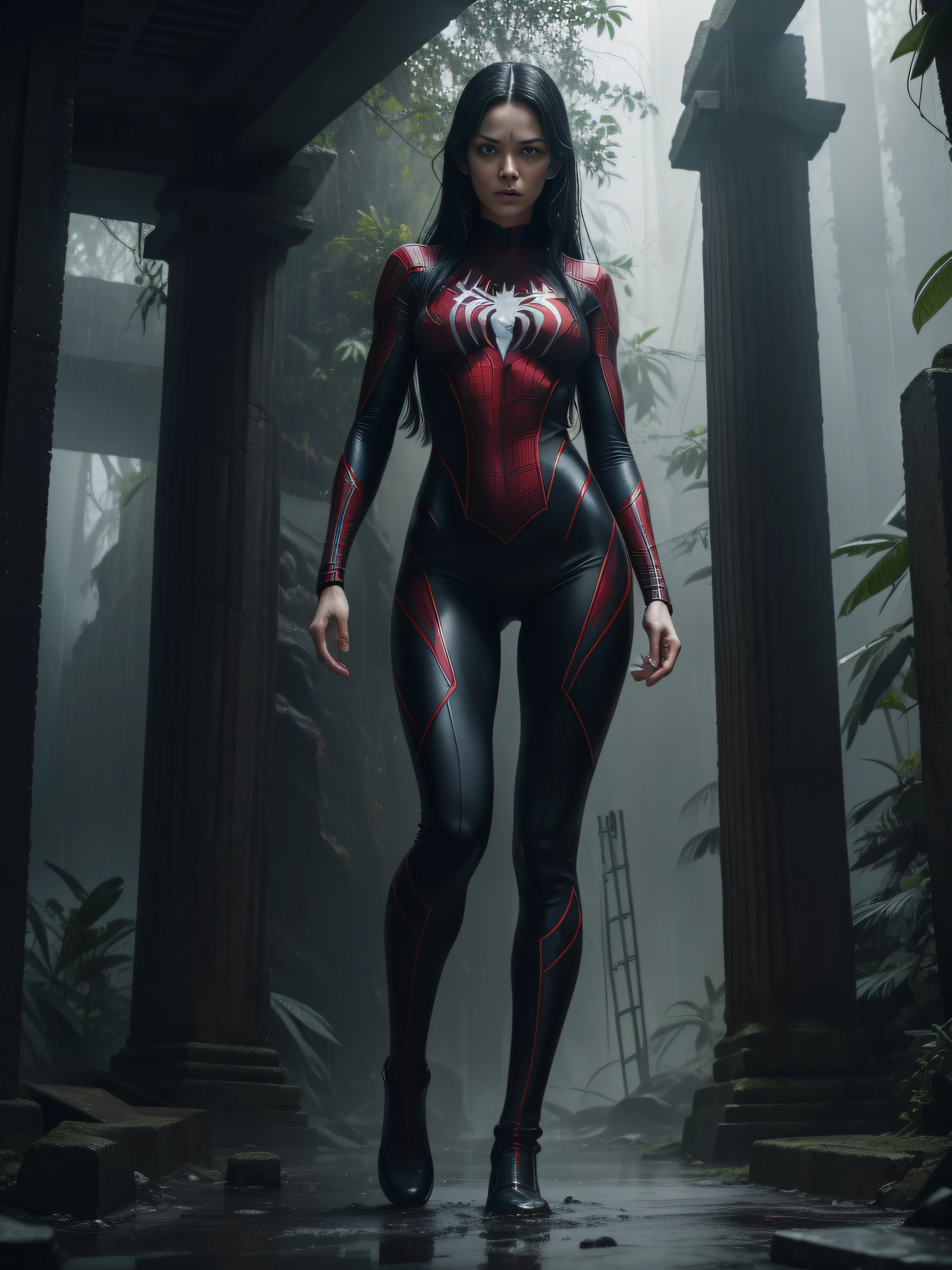 A woman in a spider - man suit stands in a dark forest - SeaArt AI