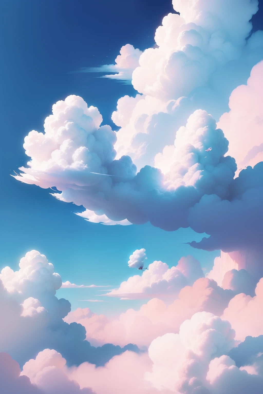 Illustrations, children's books,
Draw a scene of cherry blossoms blooming in a fluffy cloud. Try to depict the flowers popping up from the clouds and dancing gracefully. The blue of the sky and the color of the flowers should be beautiful.