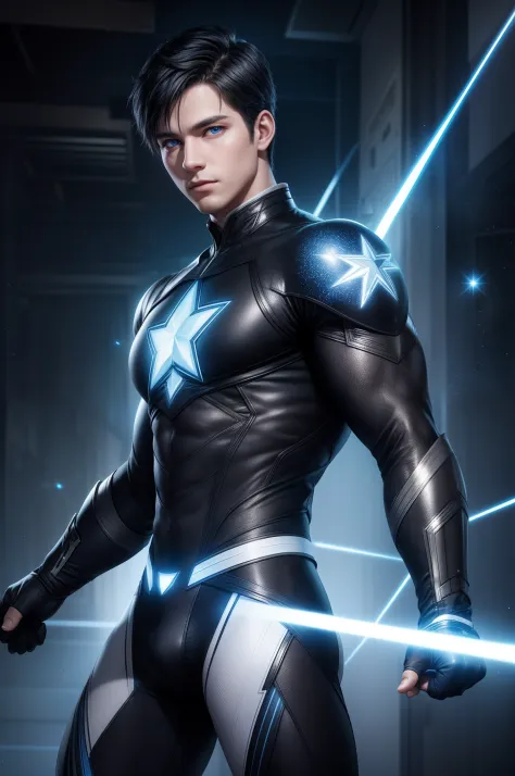 super-hero, man, 25-year old, short black hair, blue eyes, (black and glowing white tights, star motif), photorealistic, particl...