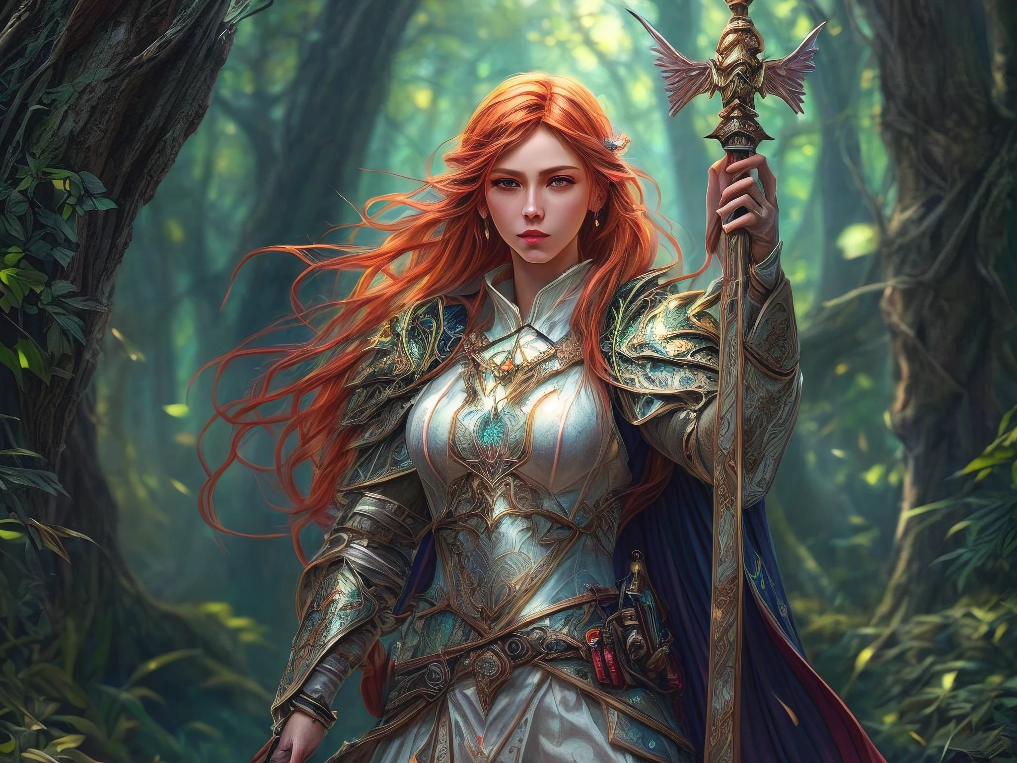 a picture of woman paladin of nature protecting the forest, controlling magical plants, tanjoreai, a woman holy knight, protector of nature, red hair, long hair, full body (best details, Masterpiece, best quality :1.5), ultra detailed face (best details, Masterpiece, best quality :1.5), ultra feminine (best details, Masterpiece, best quality :1.5), red hair, long hair, braided hair, pale skin, blue eyes, intense eyes, wearying heavy armor, white armor (best details, Masterpiece, best quality :1.5), green cloak, flowing cloak, armed with a sword, glowing sword fantasysword sword, fantasy forest background, D&D art, RPG art, magical atmosphere magic-fantasy-forest, ultra best realistic, best details, best quality, 16k, [ultra detailed], masterpiece, best quality, (extremely detailed), ultra wide shot, photorealism, depth of field, hyper realistic painting, 3D rendering