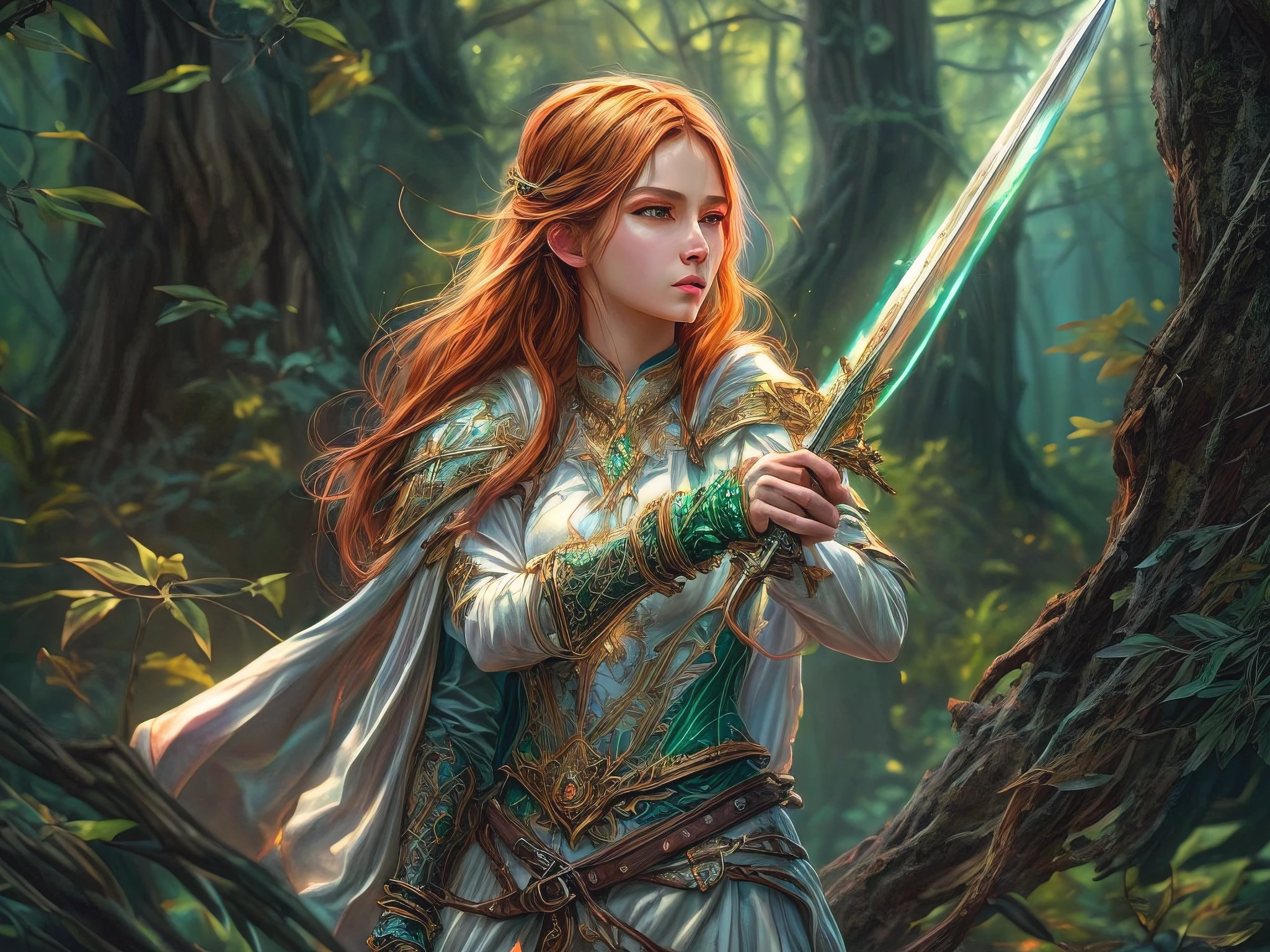 a picture of woman paladin of nature protecting the forest, controlling magical plants, tanjoreai, a woman holy knight, protector of nature, red hair, long hair, full body (best details, Masterpiece, best quality :1.5), ultra detailed face (best details, Masterpiece, best quality :1.5), ultra feminine (best details, Masterpiece, best quality :1.5), red hair, long hair, braided hair, pale skin, blue eyes, intense eyes, wearying heavy armor, white armor (best details, Masterpiece, best quality :1.5), green cloak, flowing cloak, armed with a sword, glowing sword fantasysword sword, fantasy forest background, D&D art, RPG art, magical atmosphere magic-fantasy-forest, ultra best realistic, best details, best quality, 16k, [ultra detailed], masterpiece, best quality, (extremely detailed), ultra wide shot, photorealism, depth of field, hyper realistic painting, 3D rendering