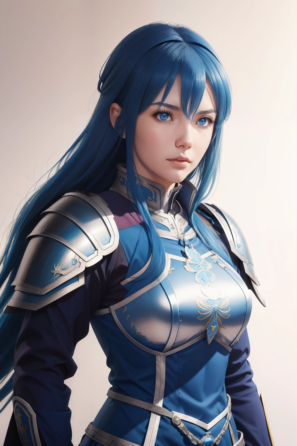 a woman with blue hair and armor standing in front of a white background, a character portrait inspired by Li Chevalier, pixiv, renaissance, lady in Blue armor, female Bluehead templar, Bluehead queen in heavy Blue armor, portrait knight female, portrait knights of zodiac girl, Blue armor, portrait of a female anime hero, portrait of female paladin