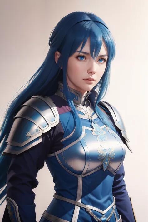 a woman with blue hair and armor standing in front of a white background, a character portrait inspired by Li Chevalier, pixiv, ...